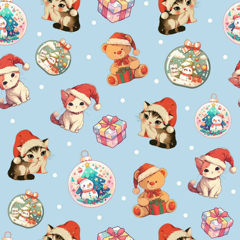 Cute Christmas Cat Teddy Bear Baubles on Light Blue Background