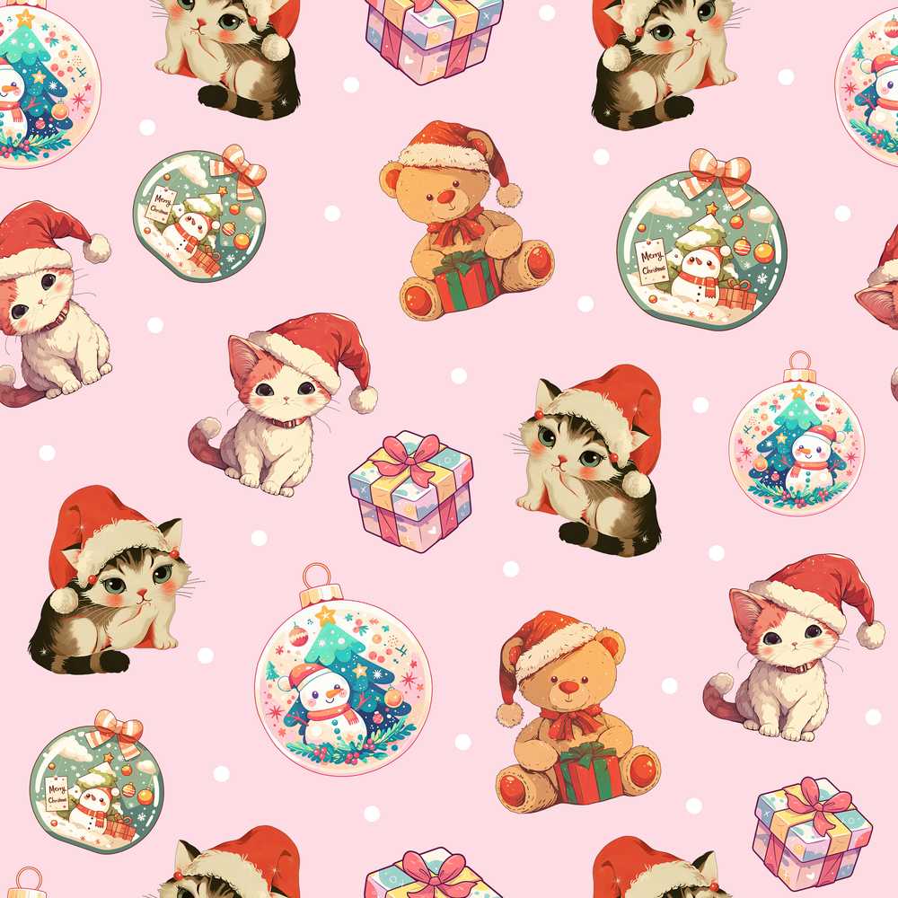 Cute Christmas Cats Teddy Bear Baubles on Soft Pink Background