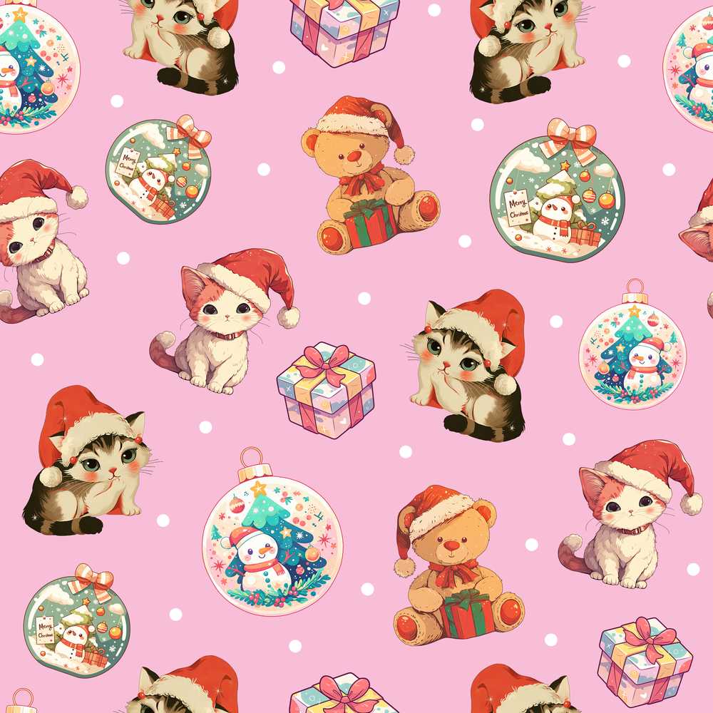 Cute Christmas Cat Teddy Bear Baubles on Dusty Pink Background