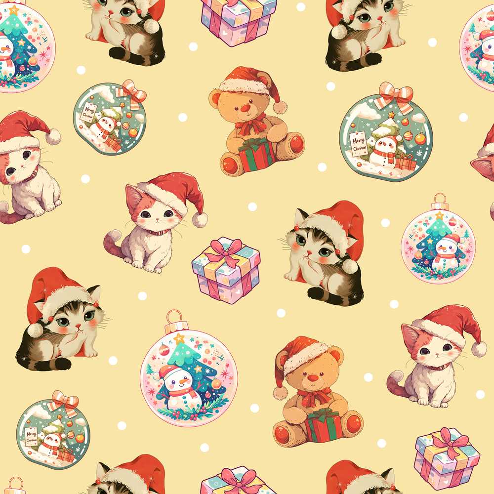 Cute Christmas Cat Teddy Bear Baubles on Warm Beige Background