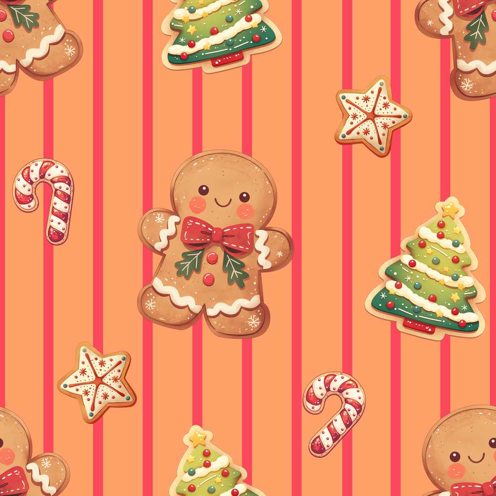 Gingerbread Man Cookies Candy Cane on Orange Stripe Background