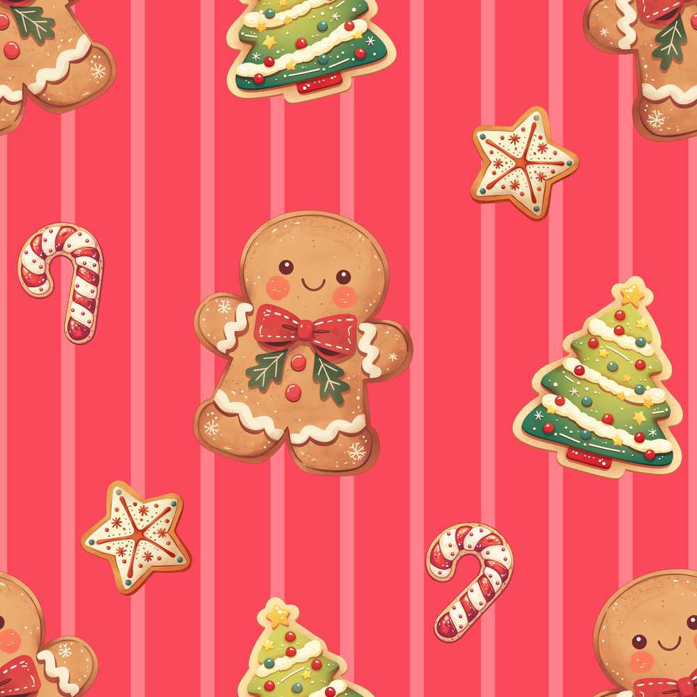 Gingerbread Man Cookies Candy Cane on Bright Red Stripe Background