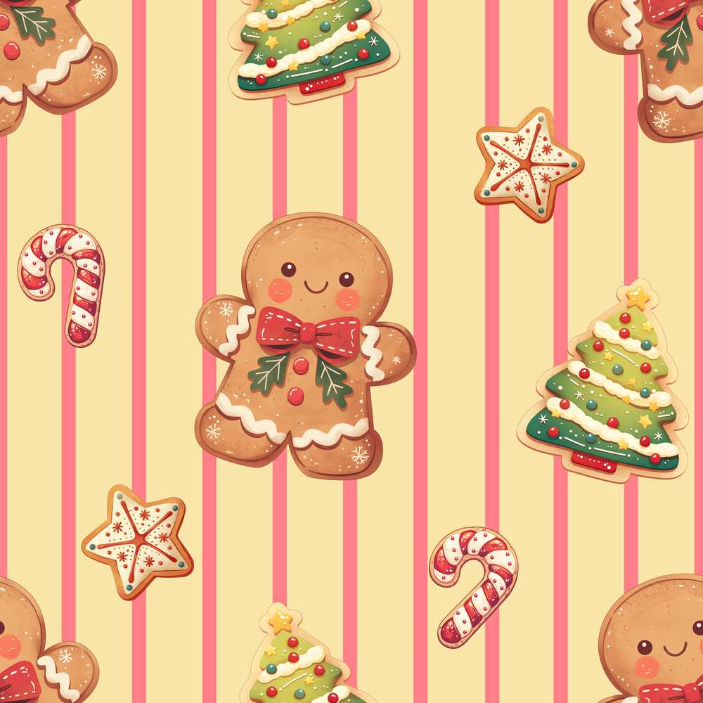 Gingerbread Man Cookies Candy Cane on Cream Beige Stripe Background
