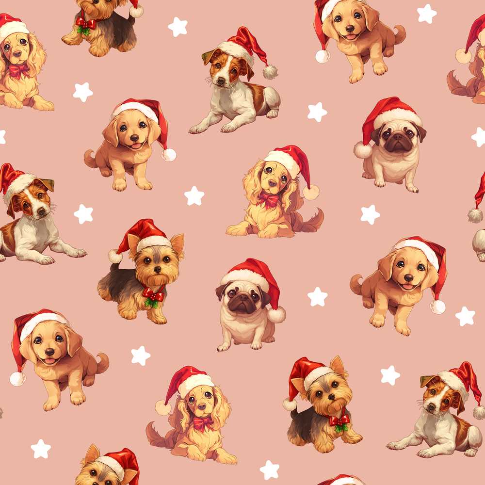 Cute Christmas Puppies Santa Hat on Soft Peach Background