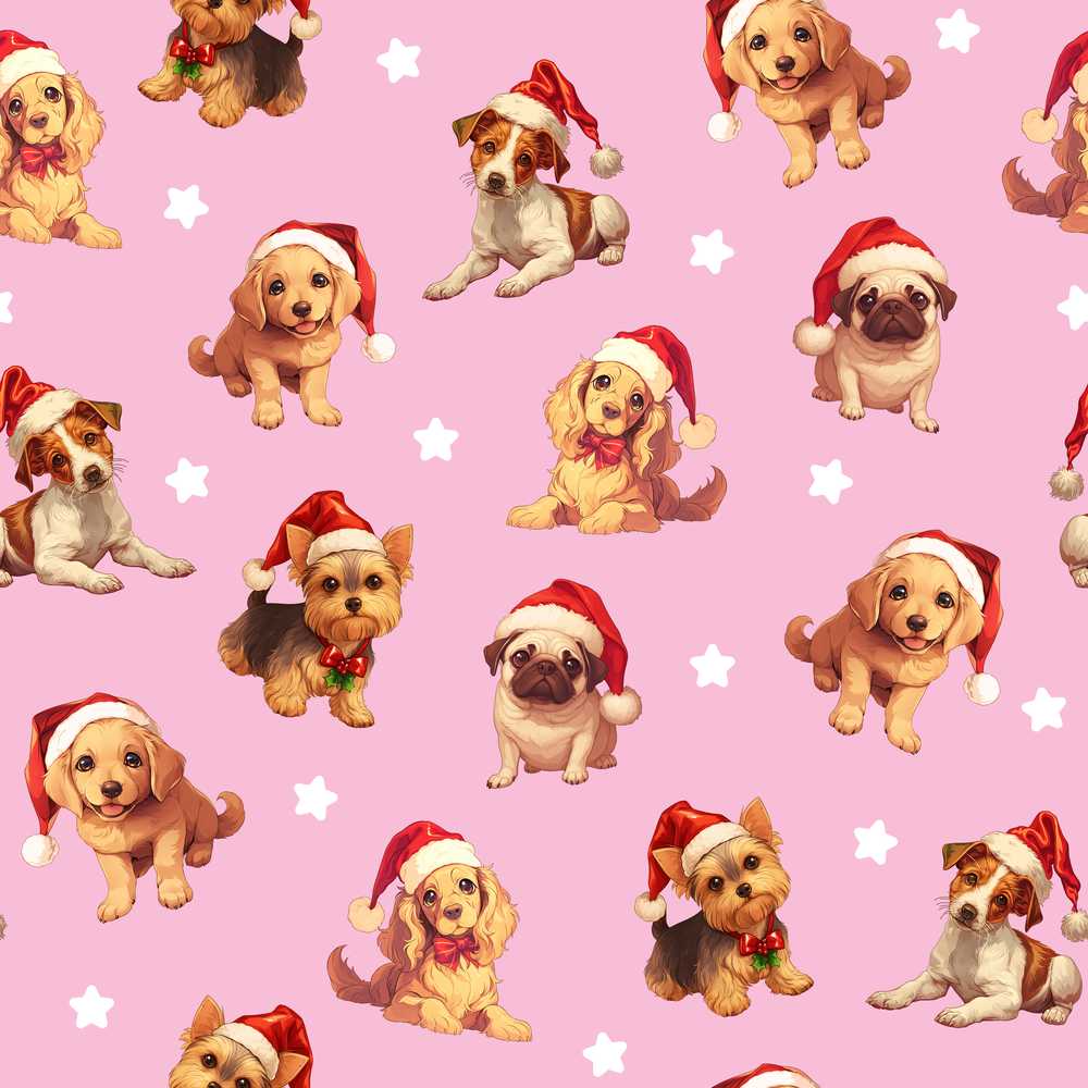 Cute Christmas Puppies Santa Hat on Dusty Pink Background