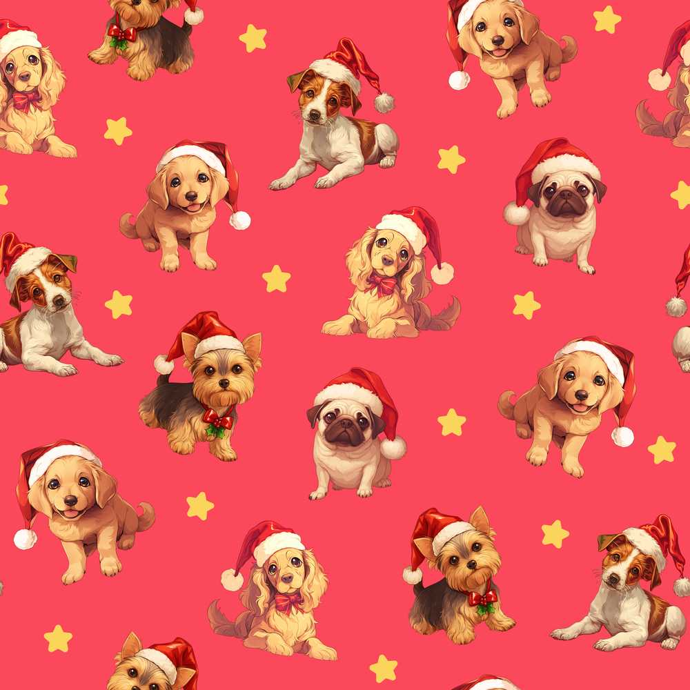 Cute Christmas Puppies Santa Hat on Bright Red Background