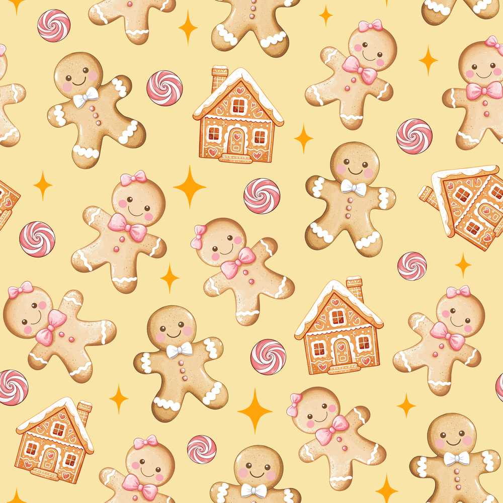 Cute Gingerbread Cookies Candy House on Warm Beige Background