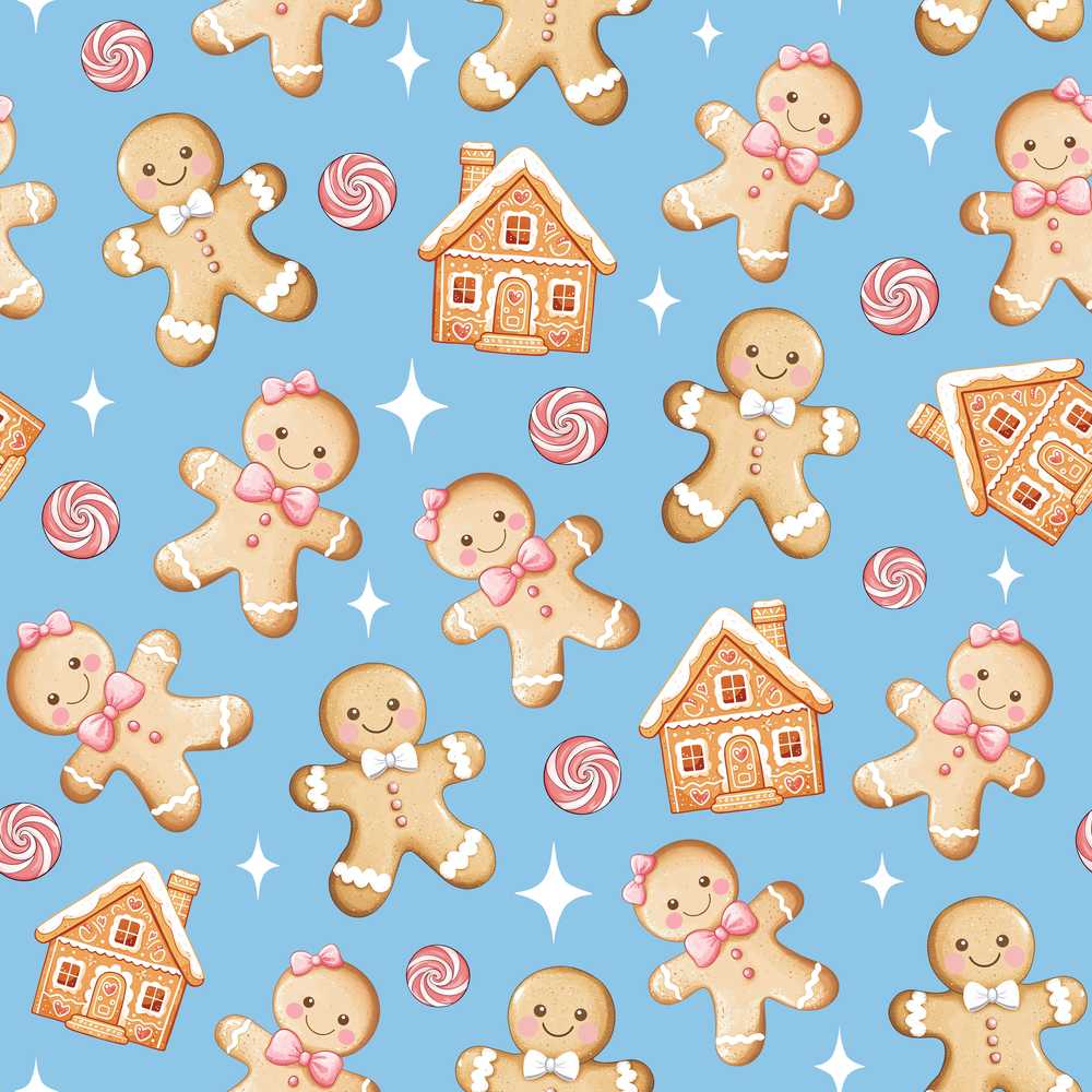 Cute Gingerbread Cookies Candy House on Soft Blue Background