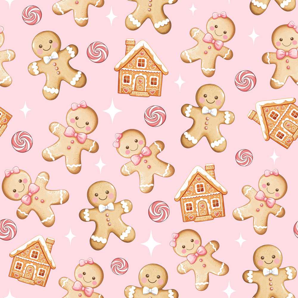 Cute Gingerbread Cookies Candy House on Pastel Pink Background