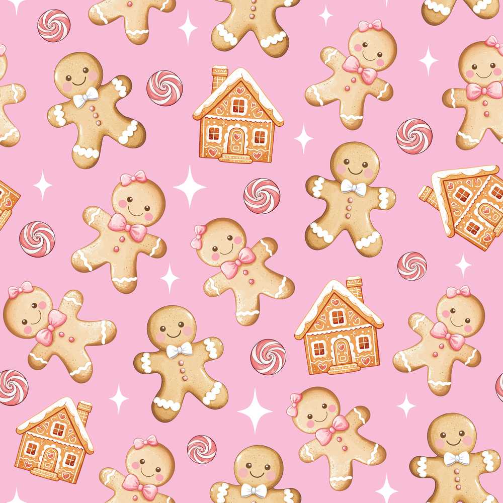 Cute Gingerbread Cookies Candy House on Dusty Rose Background