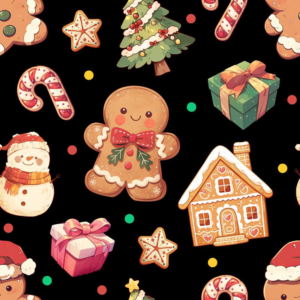 Christmas Gingerbread Man Tree Gift Snowman on Black Background