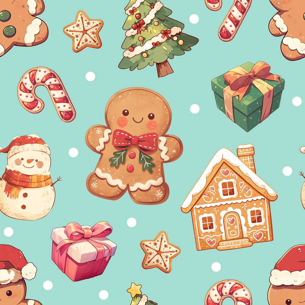 Cute Christmas Gingerbread Man Tree Gift Snowman on Mint Background