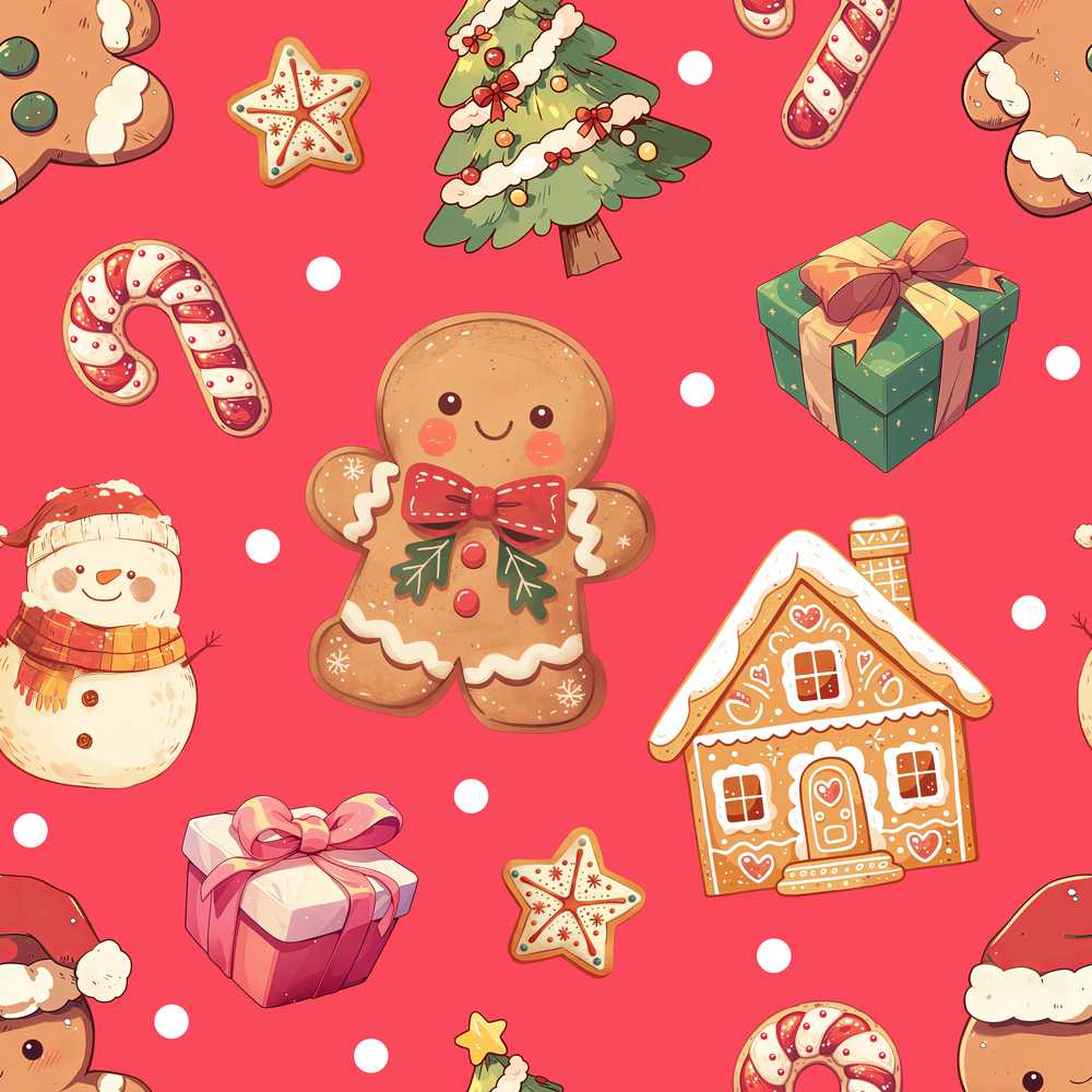 Christmas Gingerbread Man Tree Gift Snowman on Red Background