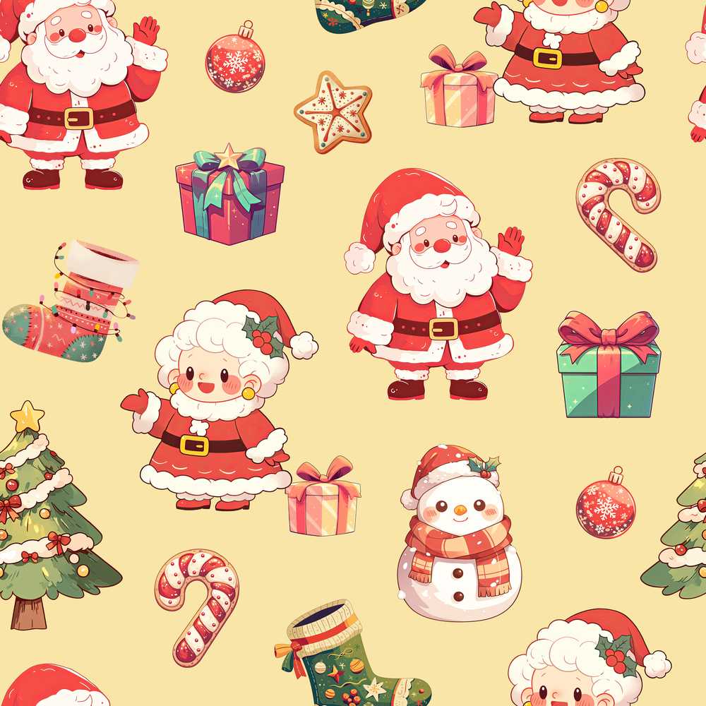 Cute Santa Claus Mrs Claus Snowman Gift Candy on Beige