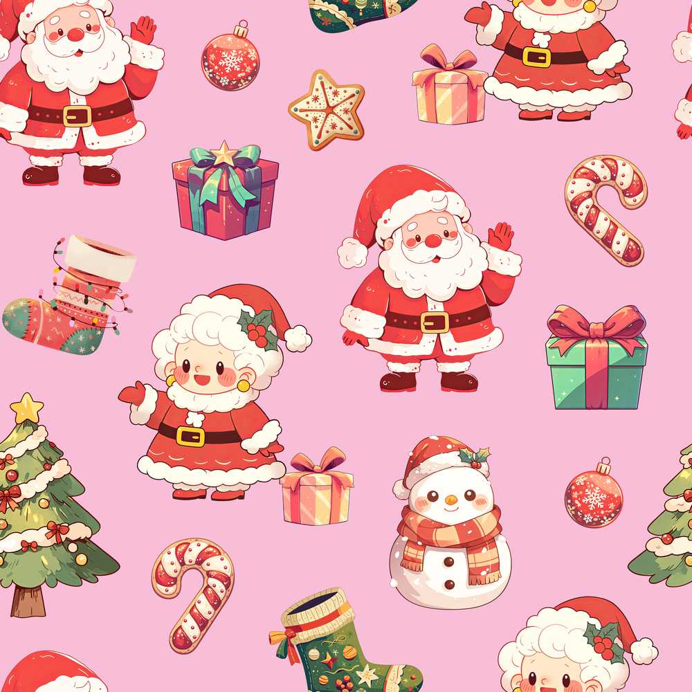 Cute Santa Claus Mrs Claus Snowman Gift Candy on Pink