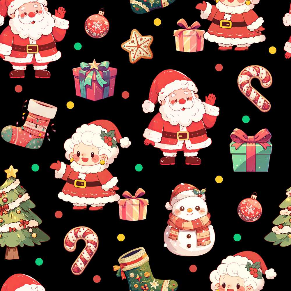 Cute Santa Claus Mrs Claus Snowman Gift Candy on Black