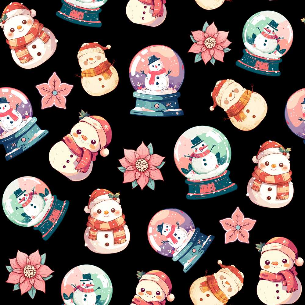 Snowman Snow Globe Poinsettia Winter Christmas on Black Background