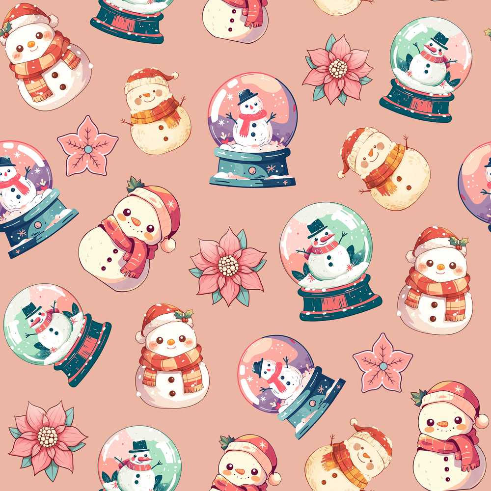 Snowman Snow Globe Poinsettia Winter Christmas on Peach Background