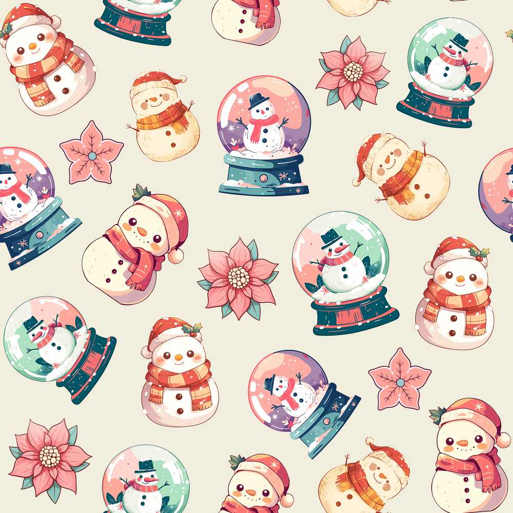 Snowman Snow Globe Poinsettia Winter Christmas on Cream Background