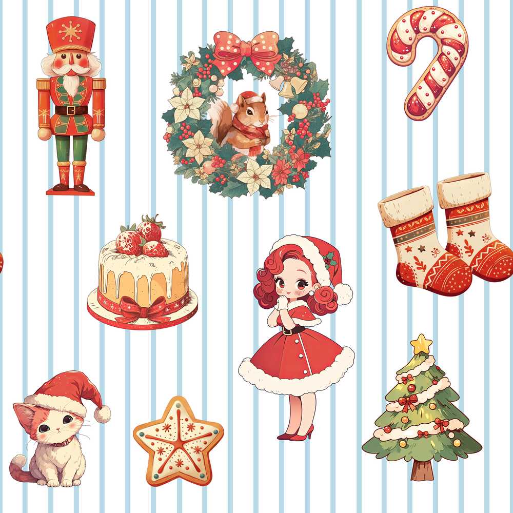 Nutcracker Wreath Cake Girl Christmas Tree on Blue Stripe Background