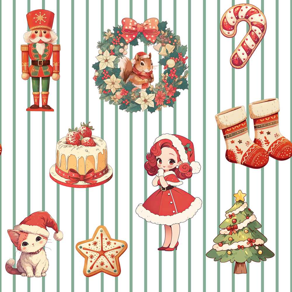 Nutcracker Wreath Cake Girl Christmas Tree on Green Stripe Background