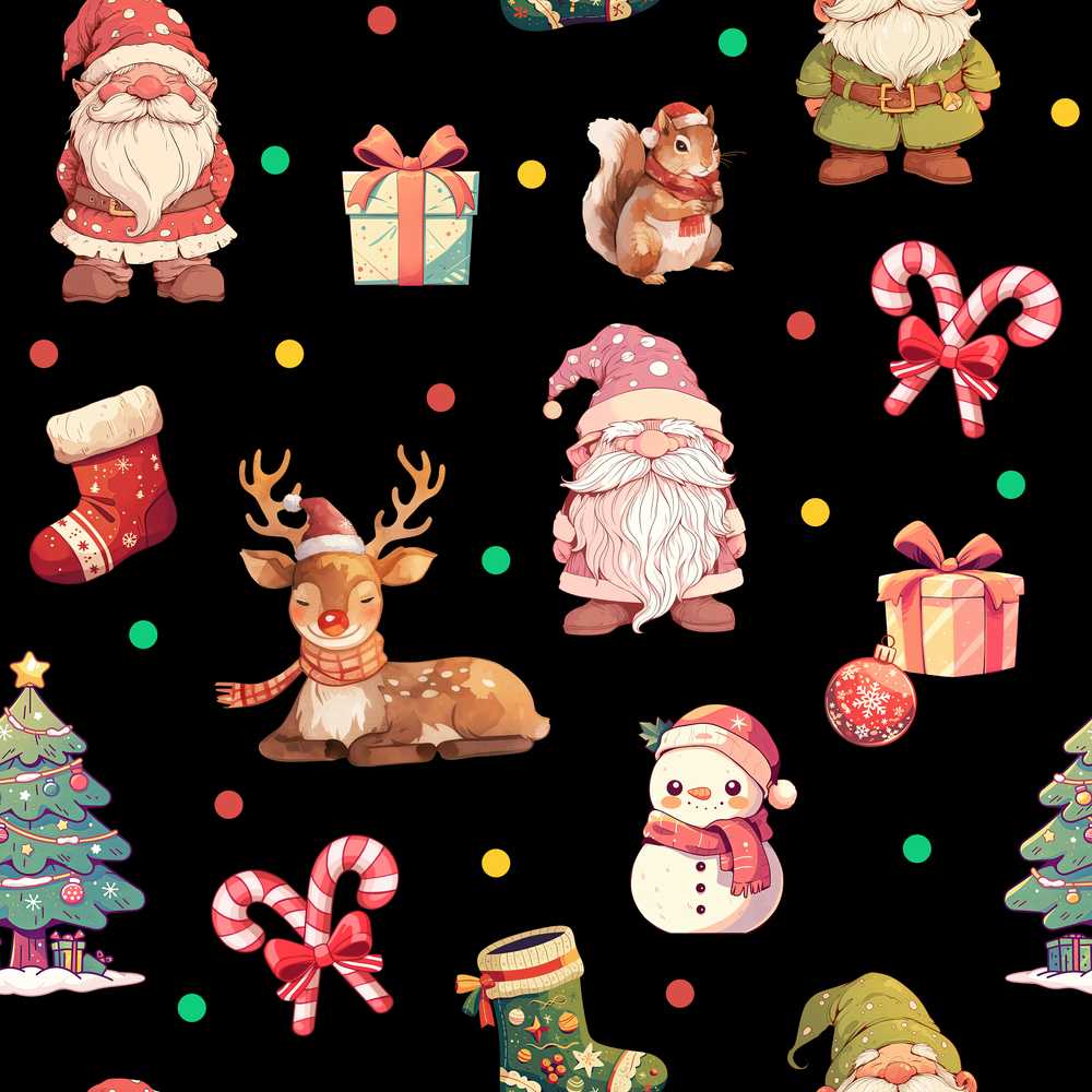 Christmas Gnome Reindeer Snowman Gift Candy Cane on Black Background