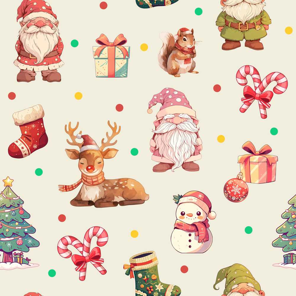 Christmas Gnome Reindeer Snowman Gift on Cream Polka Dot Background