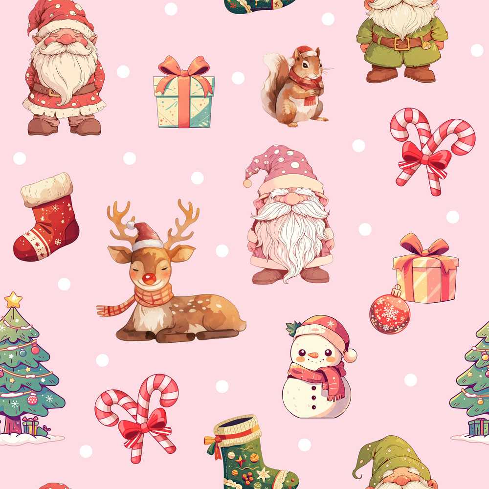 Christmas Gnome Reindeer Snowman Gift on Pink Snow Dot Background