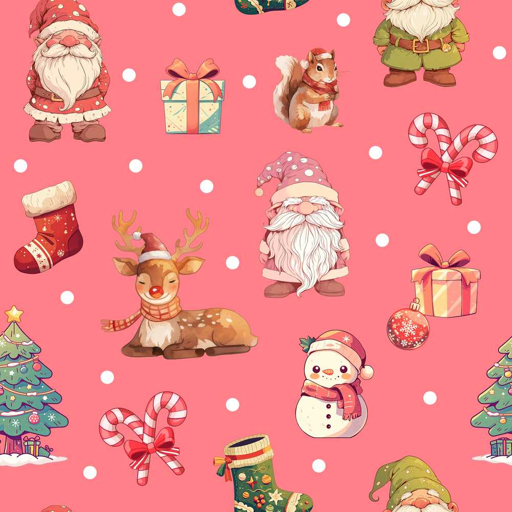 Christmas Gnome Reindeer Snowman Gift on Red Snow Dot Background