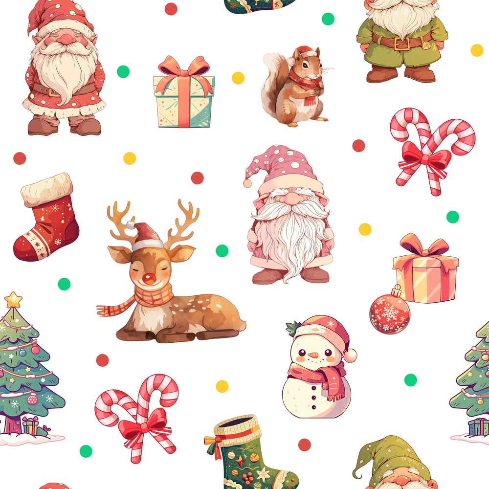 Christmas Gnome Reindeer Snowman Gift on White Polka Dot Background
