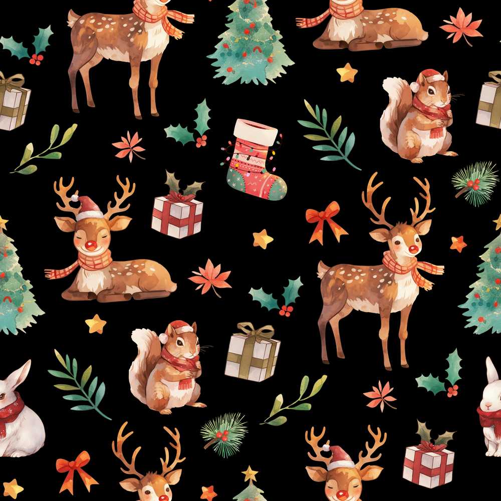 Christmas Reindeer Squirrel Gift Festive Elements on Black Background