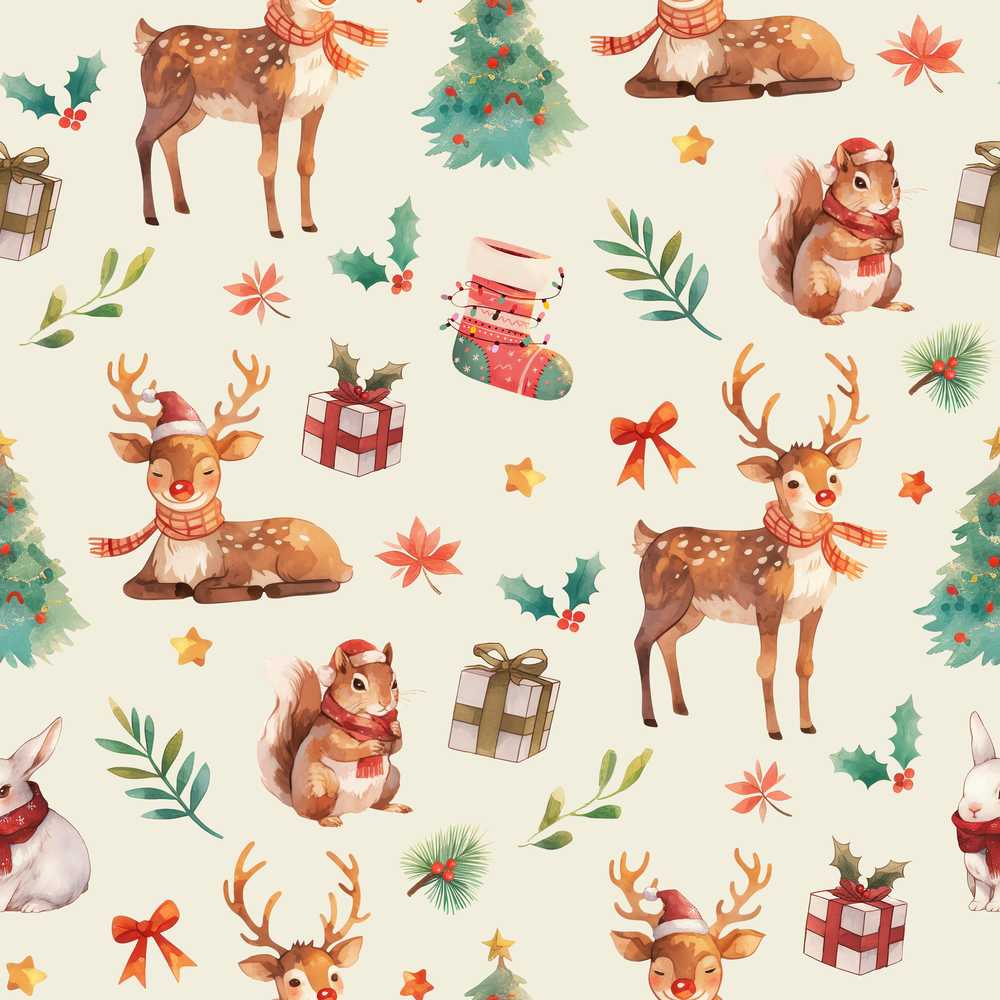Christmas Reindeer Squirrel Gift Festive Elements on Cream Background