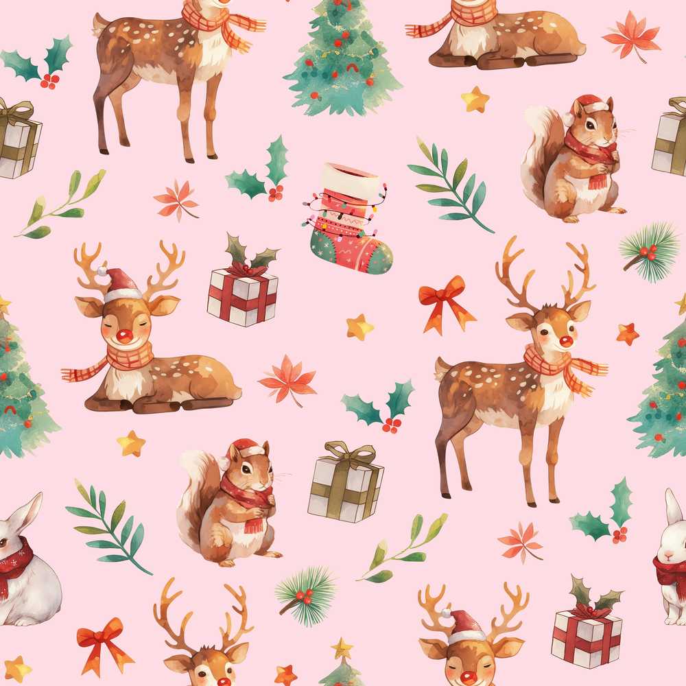 Christmas Reindeer Squirrel Gift Festive Elements on Pink Background