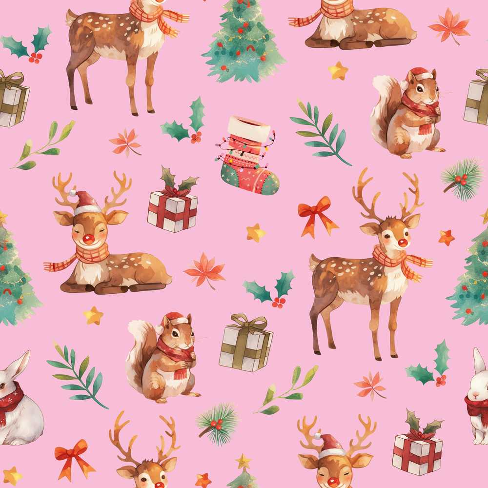 Christmas Reindeer Squirrel Gift Festive Elements on Pink Background