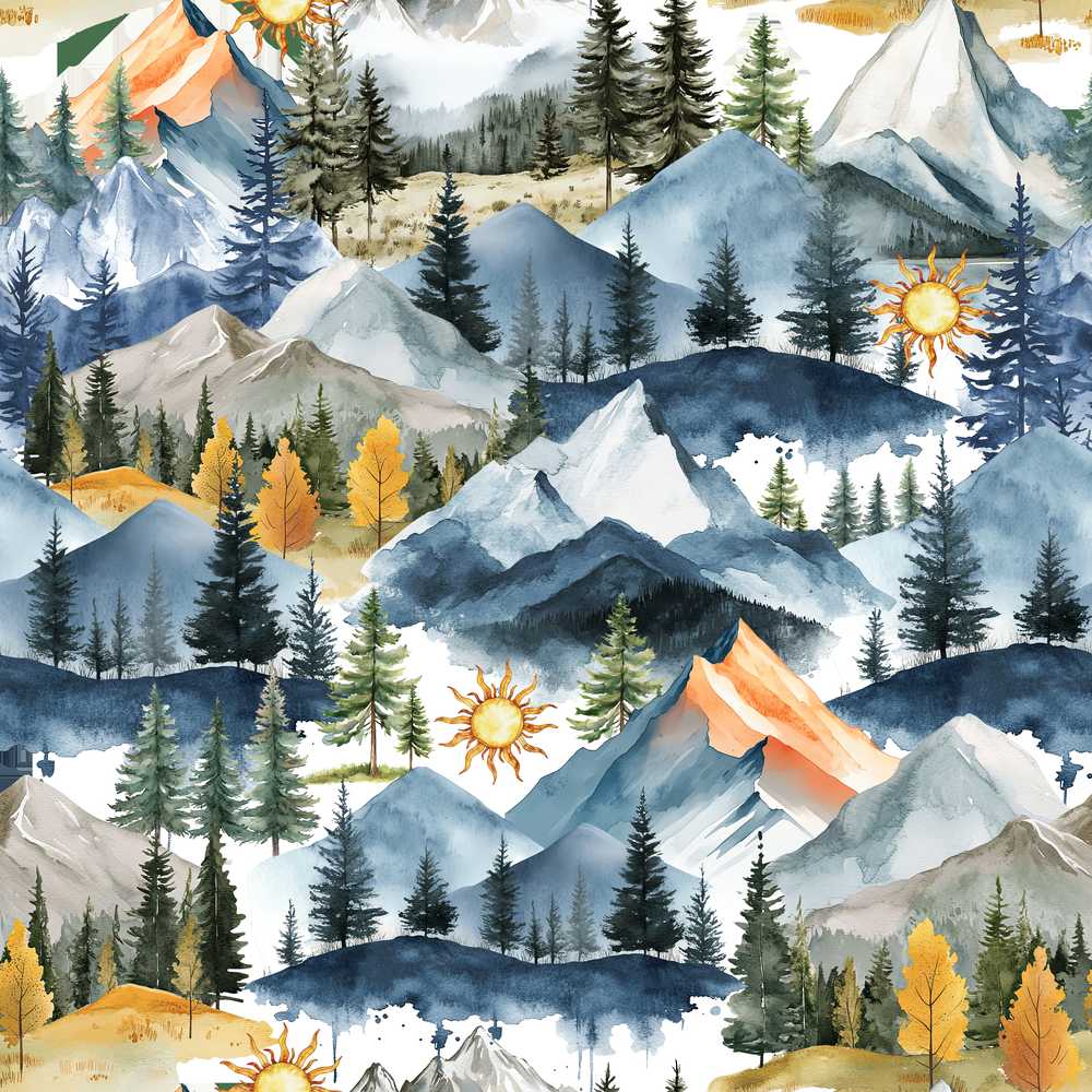 Watercolor Forest Mountains Pine Trees Scenic Soft Beige Background