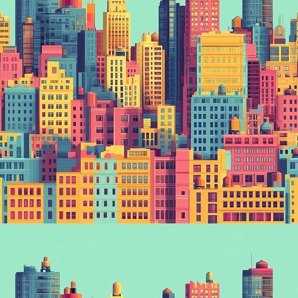 Colorful Stylized Cityscape Buildings Illustration Decorative Repeat Pattern