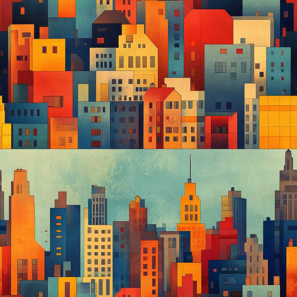 Colorful Stylized Urban City Buildings Illustration Decorative Repeat