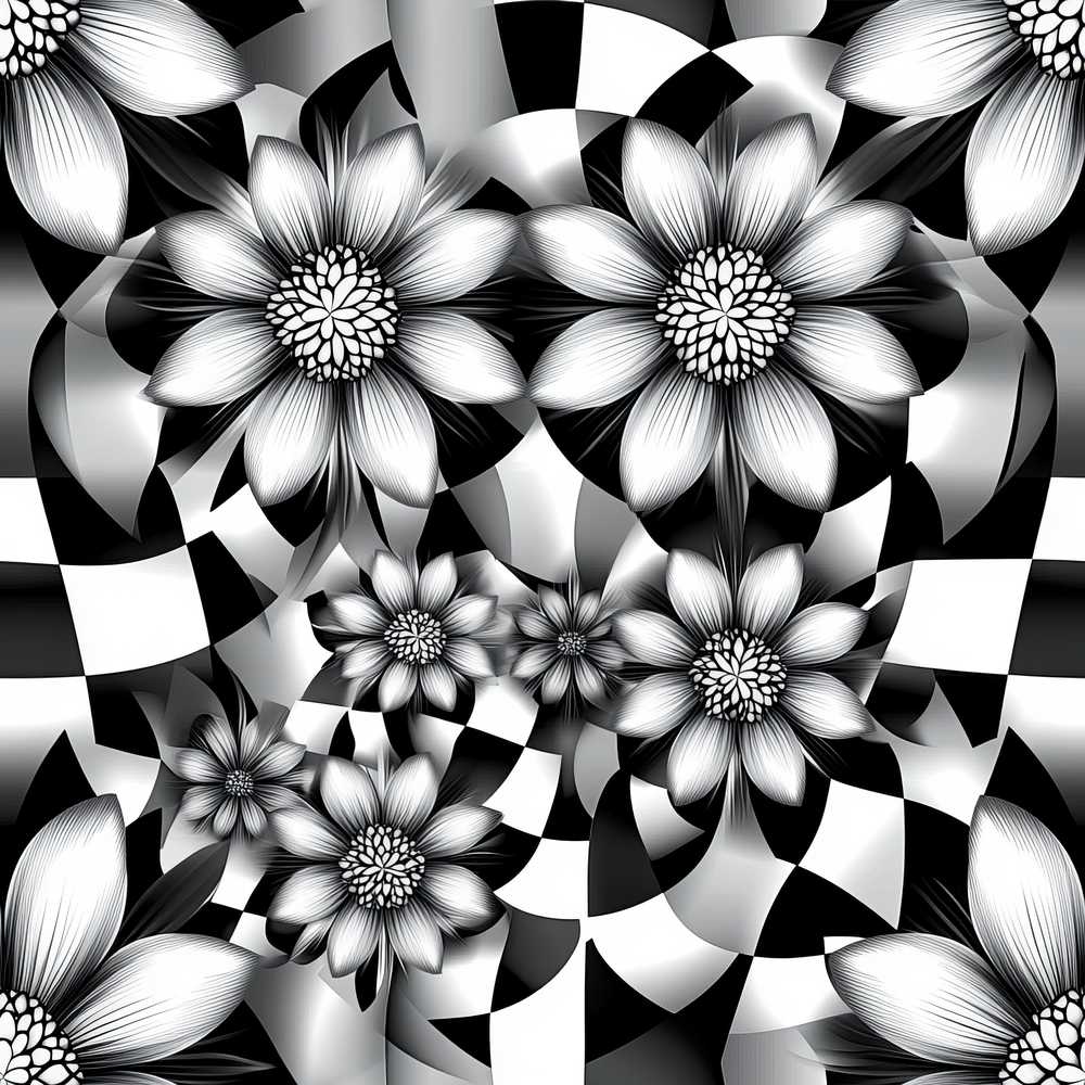 Black White Floral Abstract Checkered Background Wildflower Pattern Botanical