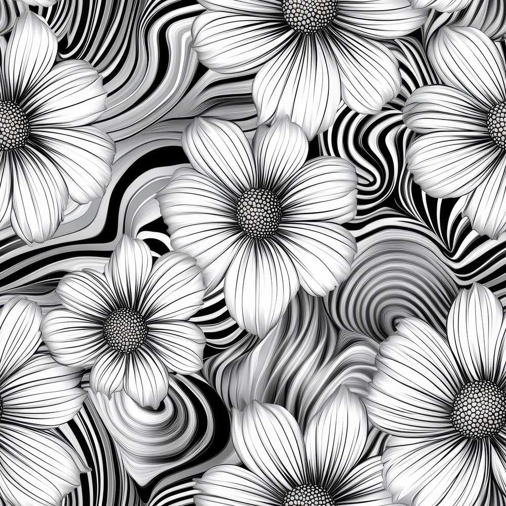 Black White Floral Swirl Line Art Wildflower Pattern Botanical