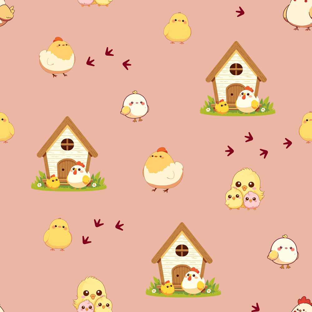 Cute Cartoon Chickens Farmhouse Pattern Soft Beige Background
