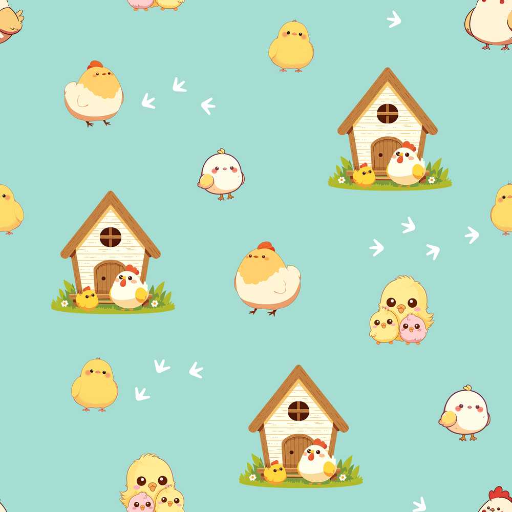 Cute Cartoon Chickens Farmhouse Pattern Soft Mint Background