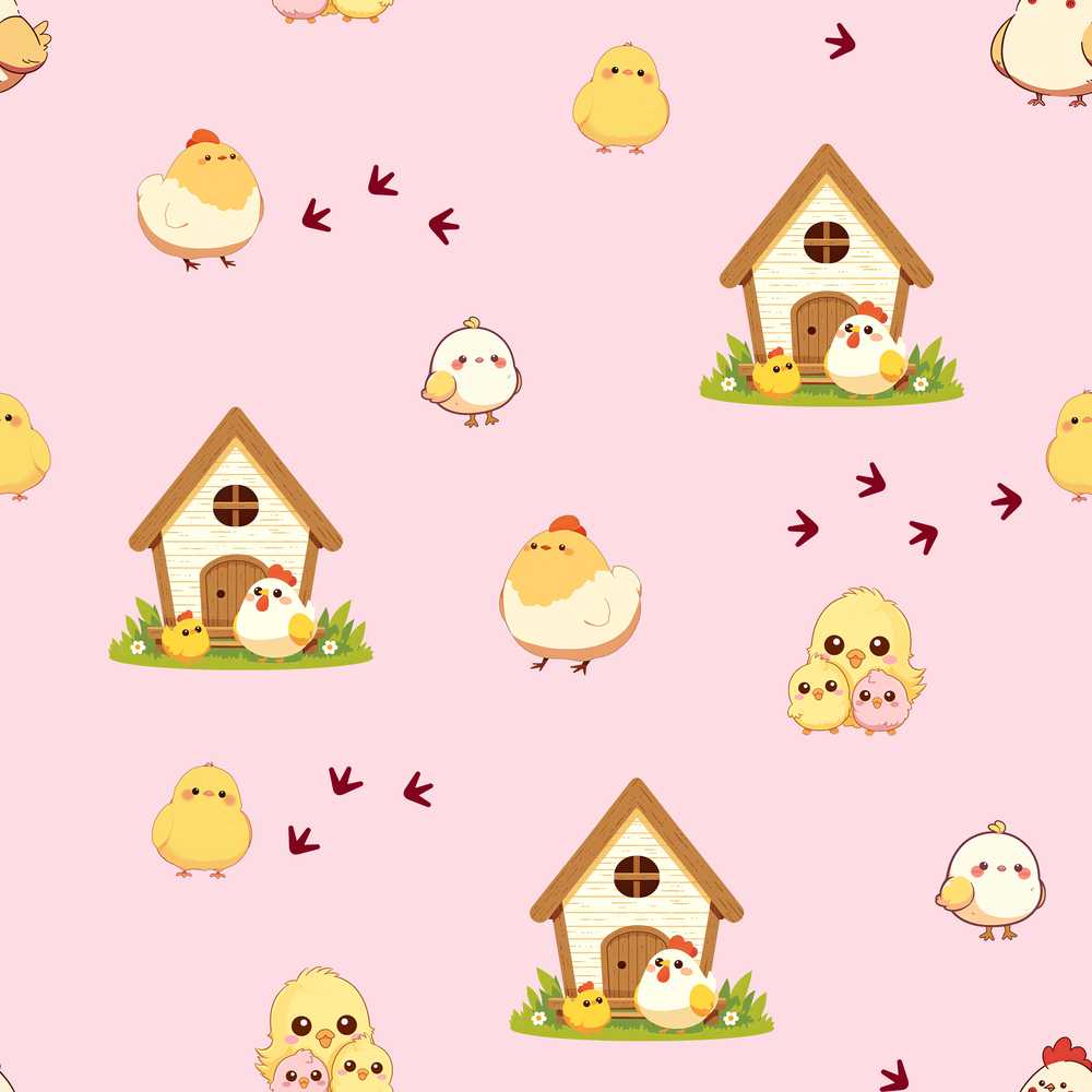 Cute Cartoon Chickens Farmhouse Pattern Blush Pink Background