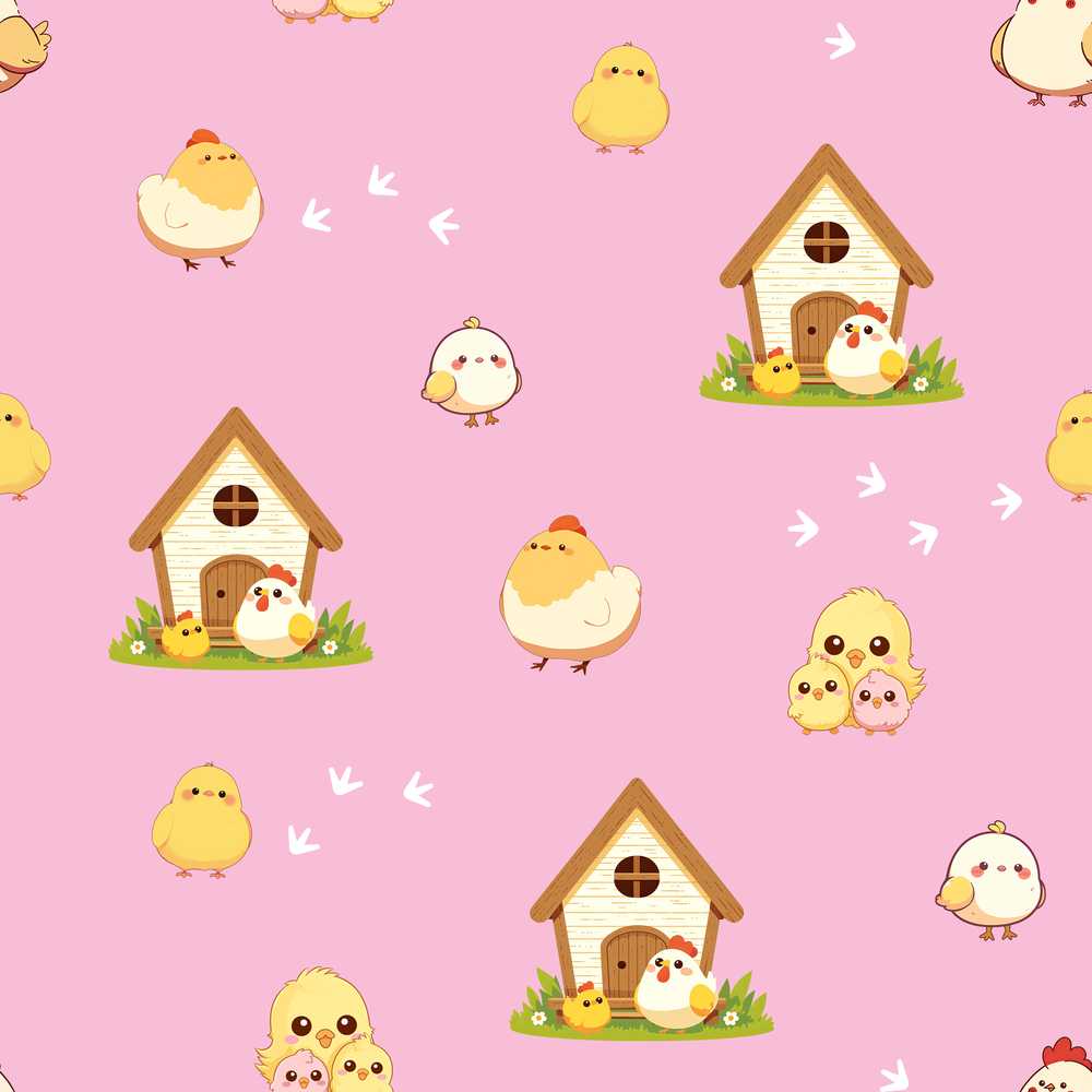 Cute Cartoon Chickens Farmhouse Pattern Rose Pink Background Wildflower