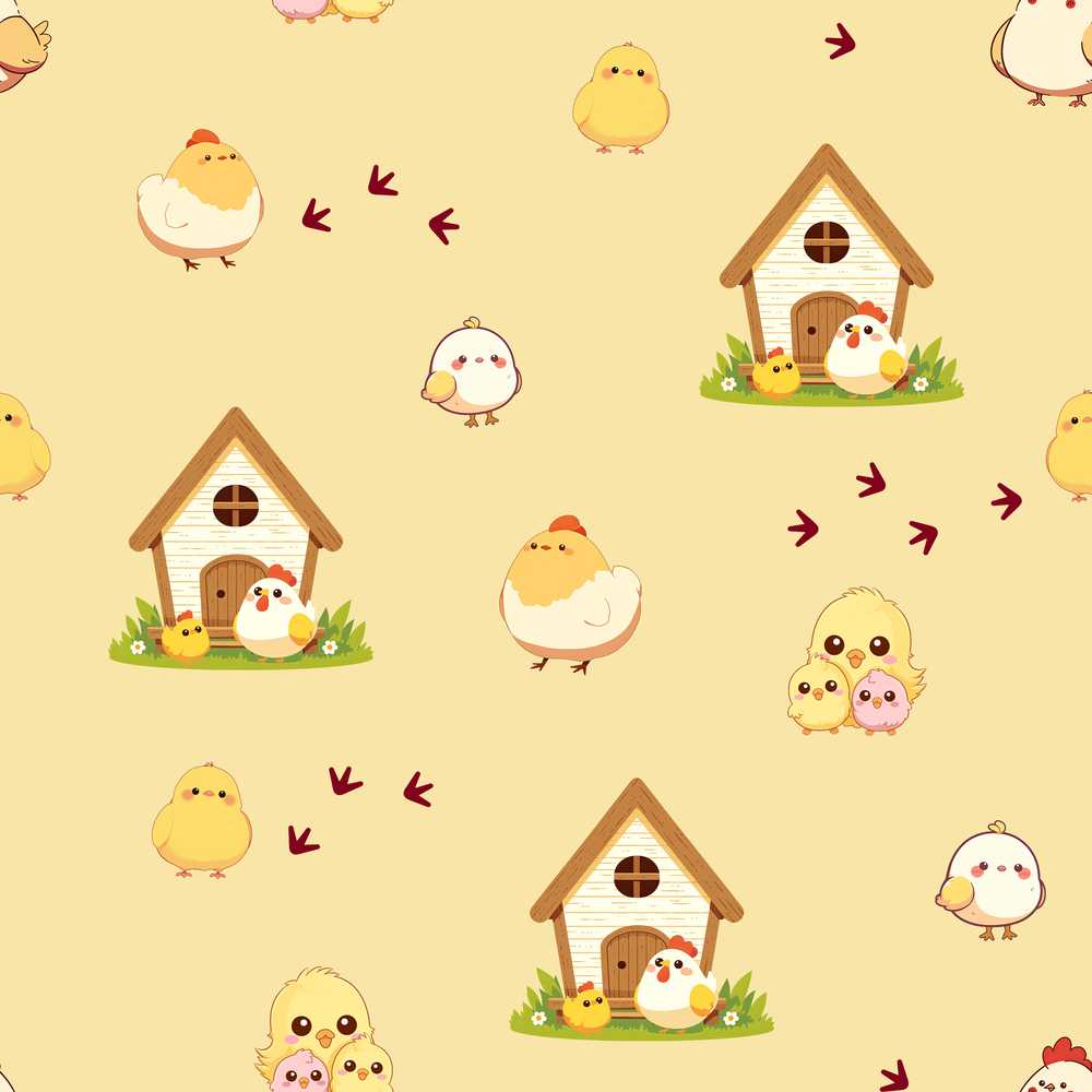 Cute Cartoon Chickens Farmhouse Pattern Soft Yellow Background