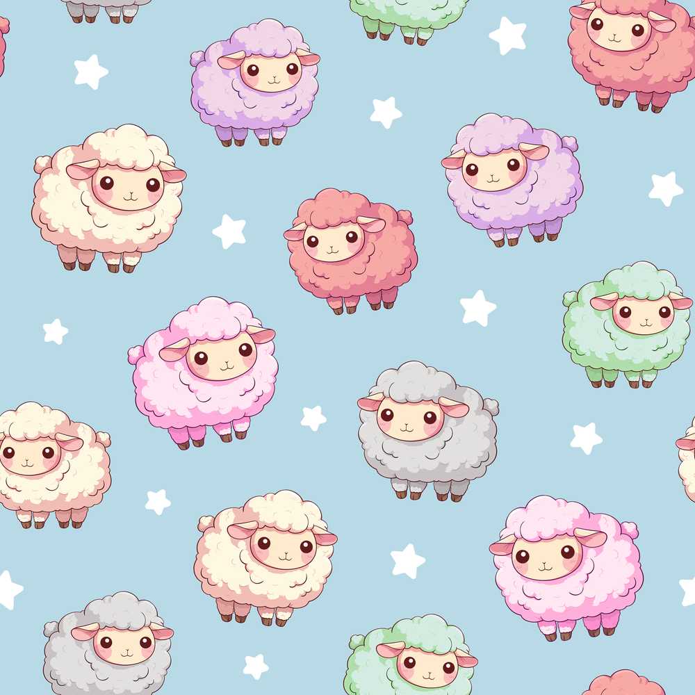 Cute Kawaii Sheep with Starry Sky Background Decorative