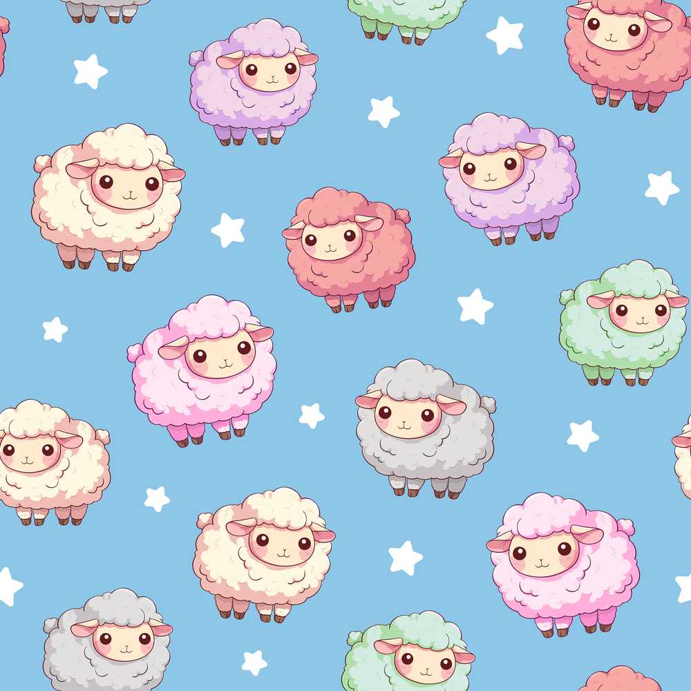 Cute Kawaii Sheep with Blue Sky Star Background