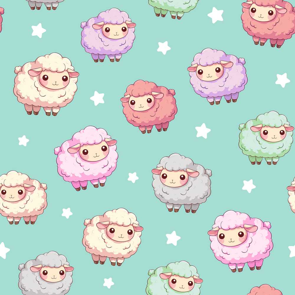 Cute Kawaii Sheep with Mint Star Background Decorative