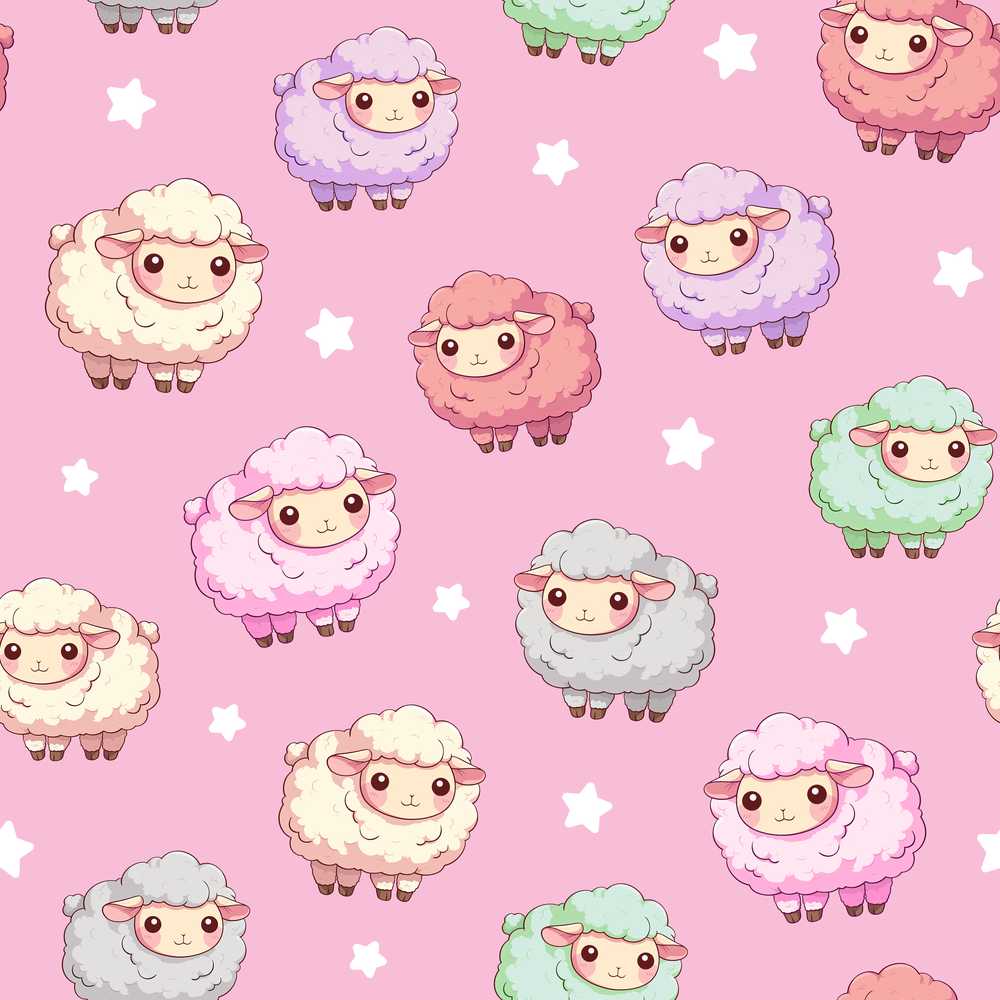 Cute Kawaii Sheep with Soft Pink Star Background