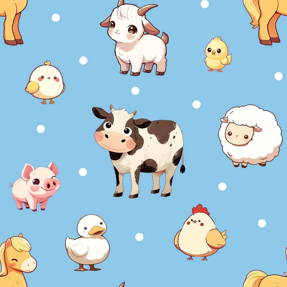 Cute Farm Animals Blue Background Illustration Repeat Pattern