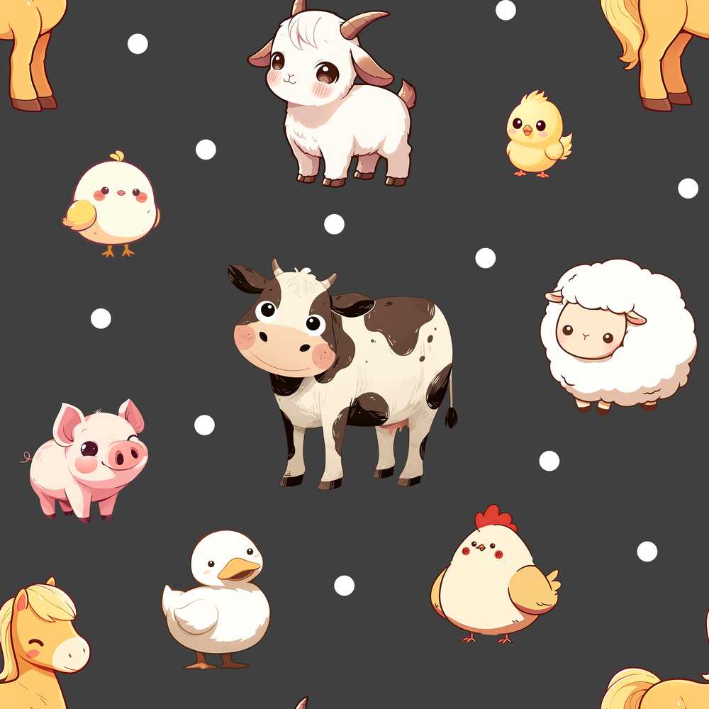 Cute Farm Animals Dark Background Illustration Repeat Pattern